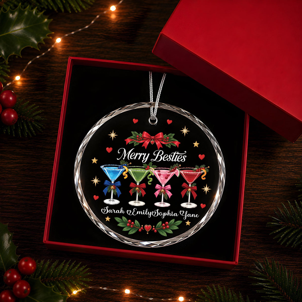 Personalized Merry Besties Cocktail Ornament, Custom Names Keepsake (Ceramic or Glass)