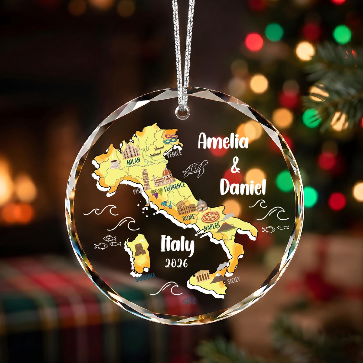 Personalized Italy Map Ornament, Custom Travel Keepsake (Ceramic or Crystal Glass)