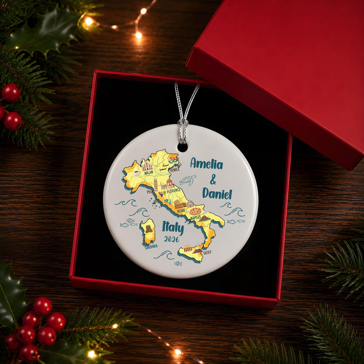 Personalized Italy Map Ornament, Custom Travel Keepsake (Ceramic or Crystal Glass)