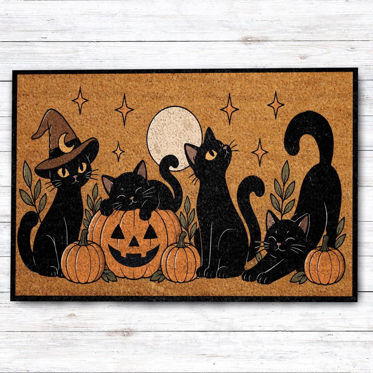 Black Cat and Pumpkin Halloween Coir Doormat