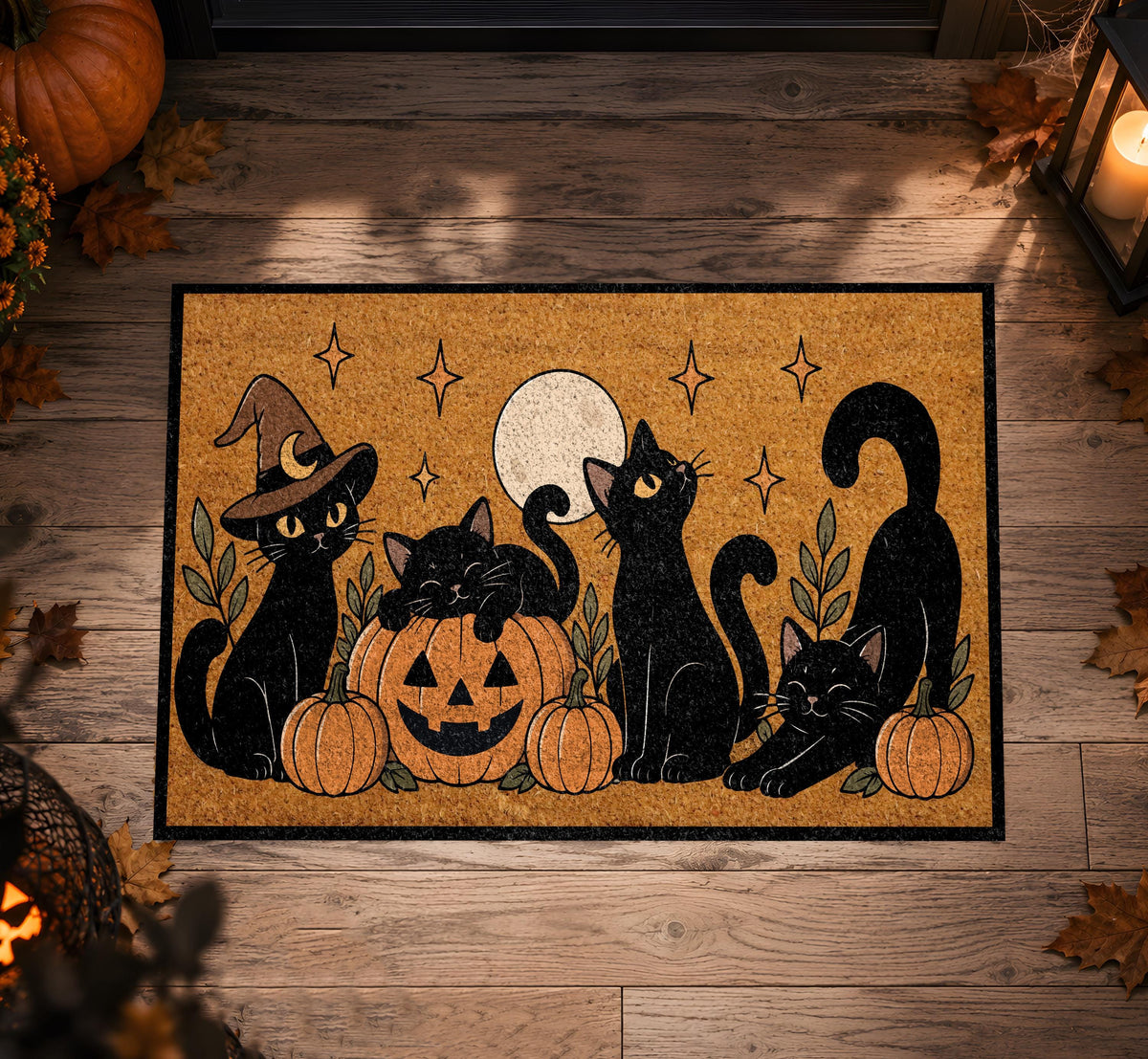 Black Cat and Pumpkin Halloween Coir Doormat