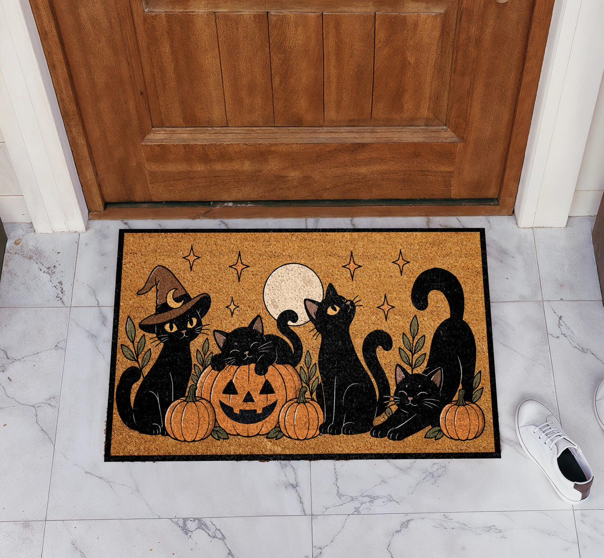Black Cat and Pumpkin Halloween Coir Doormat