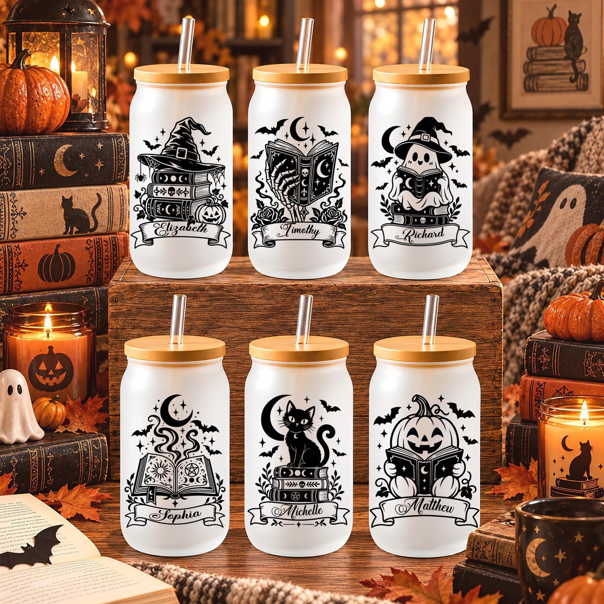 Personalized Bookish Halloween Glass Tumbler, 16 oz