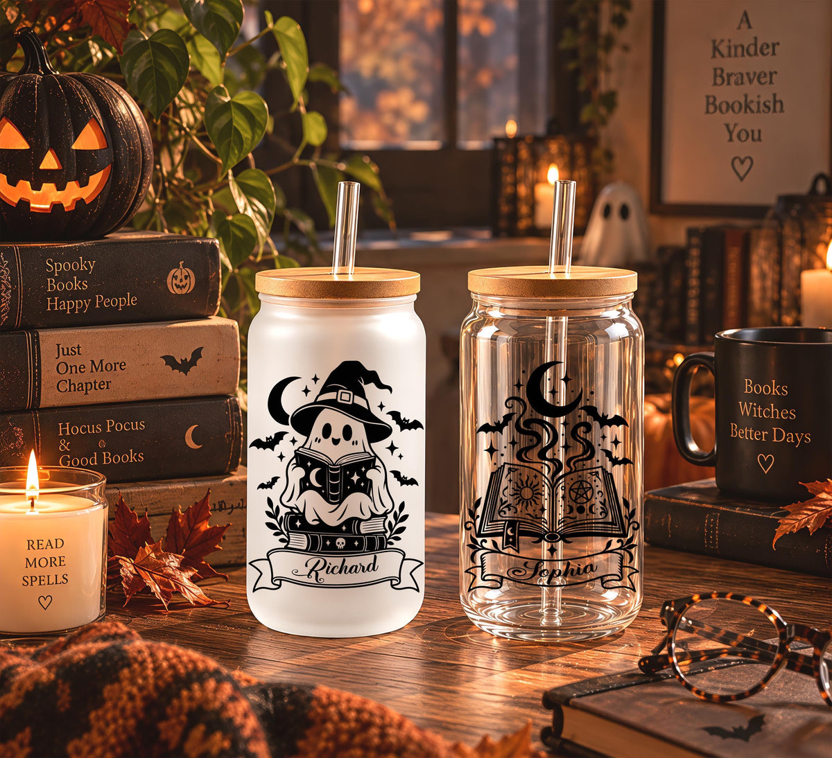 Personalized Bookish Halloween Glass Tumbler, 16 oz