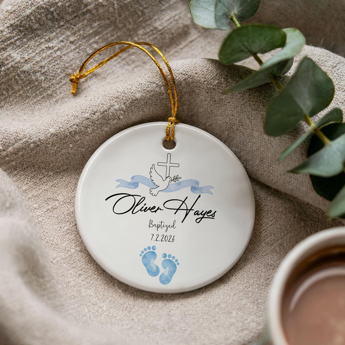 Personalized Ceramic Ornament: Baptized Baby Feet, Gold String (2.75-inch)