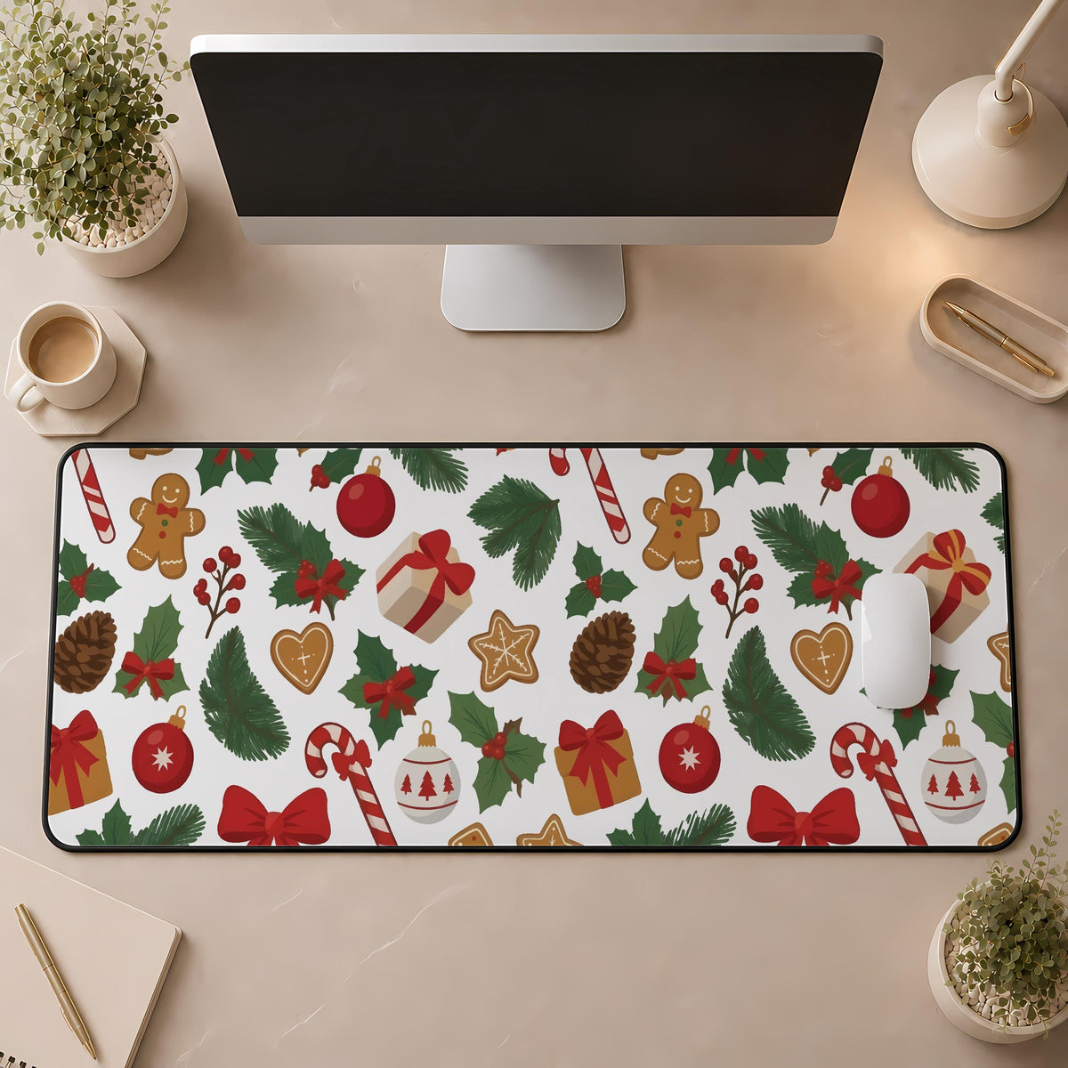 Christmas Mouse Pad, Cute Holiday Gaming Desk Mat, Gingerbread Man Candy Cane Xmas Mousepad