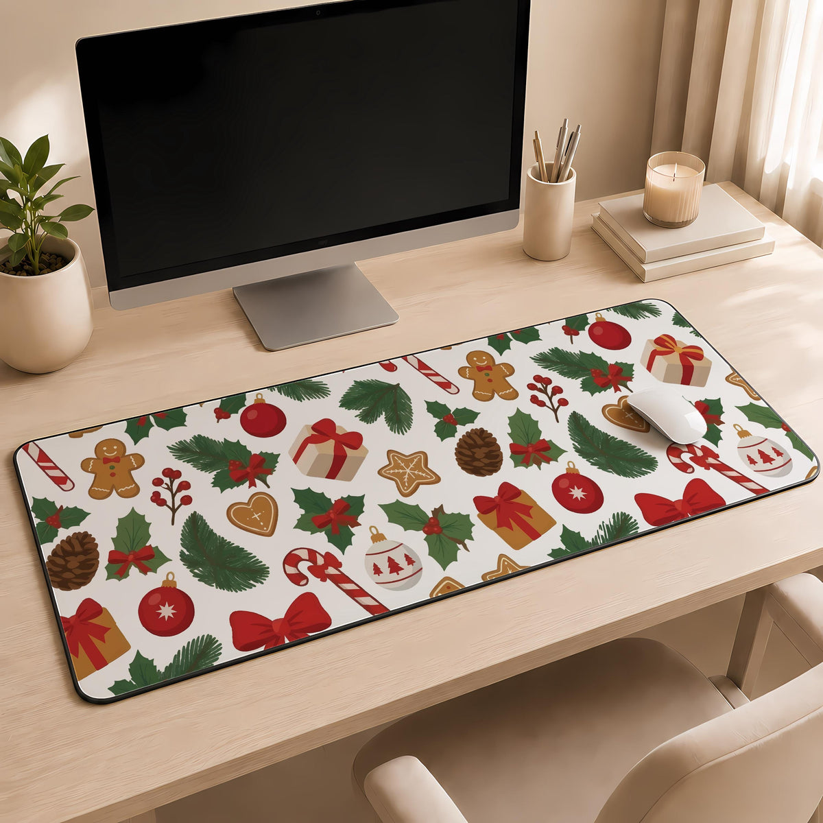 Christmas Mouse Pad, Cute Holiday Gaming Desk Mat, Gingerbread Man Candy Cane Xmas Mousepad