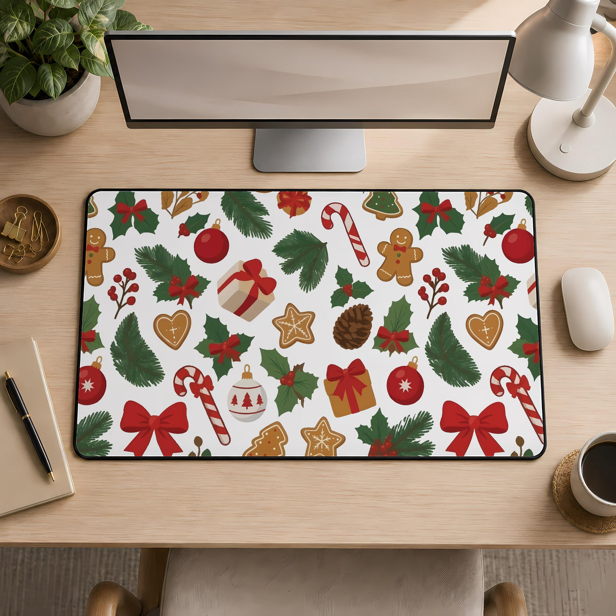 Christmas Mouse Pad, Cute Holiday Gaming Desk Mat, Gingerbread Man Candy Cane Xmas Mousepad