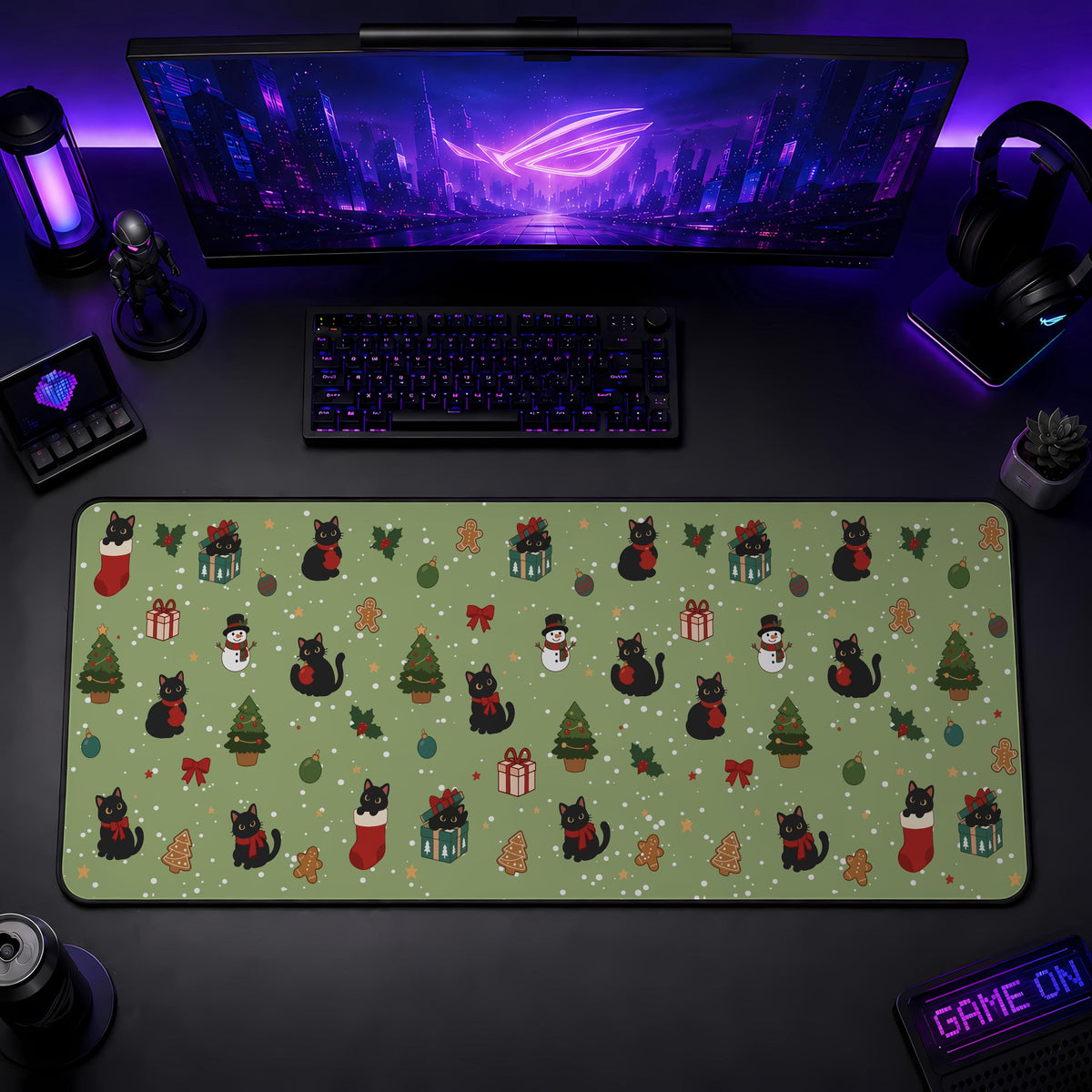 Black Cat Christmas Desk Mat, Holiday Gaming Mouse Pad (3mm Thick)