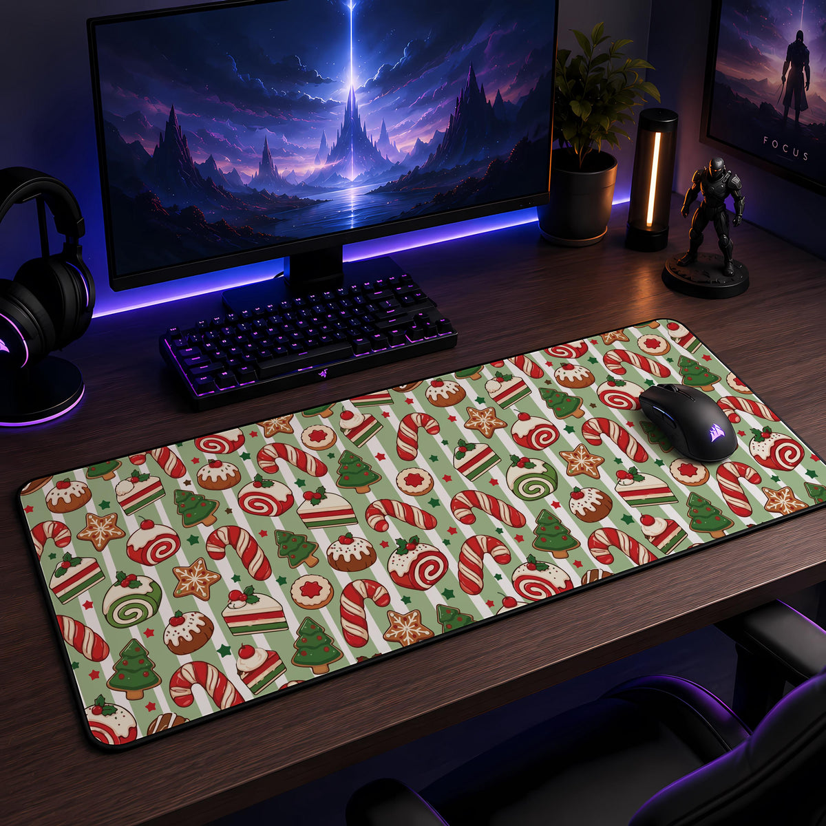Candy Cane Christmas Desk Mat, Holiday Gaming Mouse Pad, Winter Wonderland Office Decor