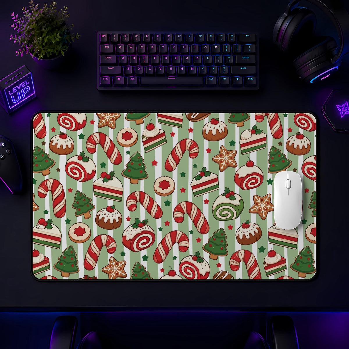 Candy Cane Christmas Desk Mat, Holiday Gaming Mouse Pad, Winter Wonderland Office Decor