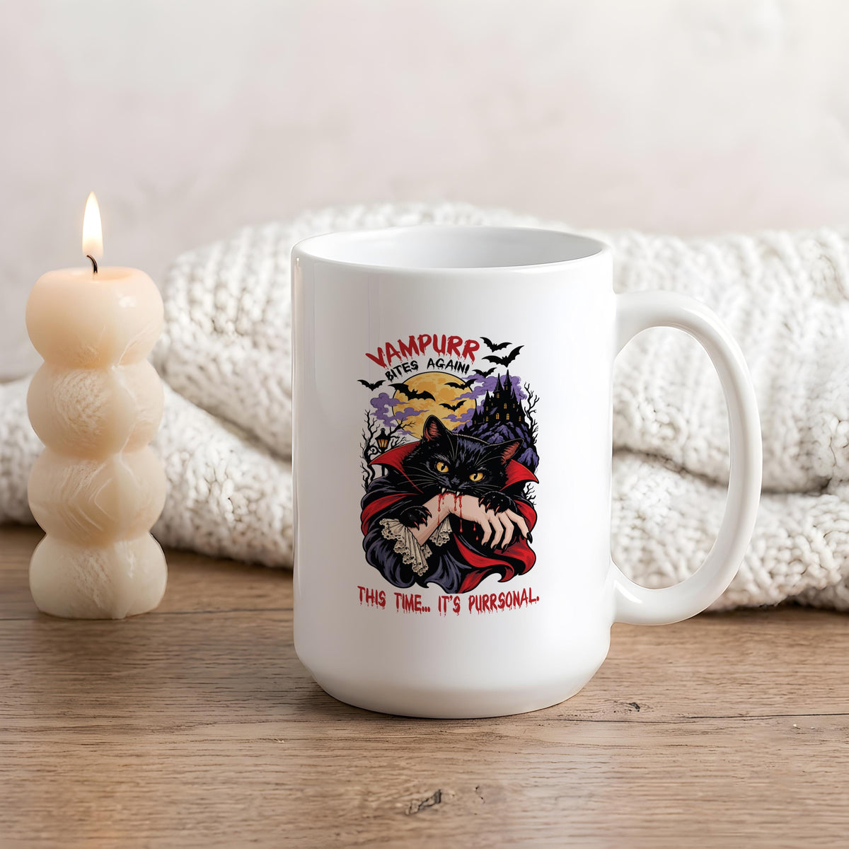 Custom Ceramic Mug: Vampire Cat Design, 11oz or 15oz (Microwave Safe)