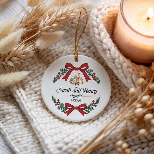 Personalized Red Ribbon Engagement Ceramic Keepsake, Custom Name Engaged Couple Ornament