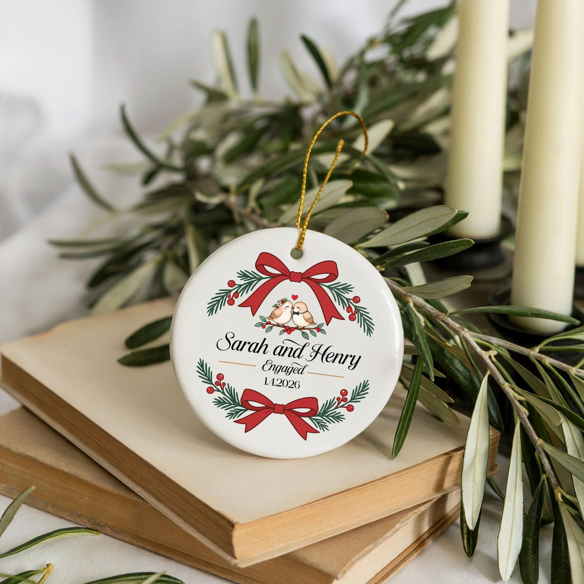 Personalized Red Ribbon Engagement Ceramic Keepsake, Custom Name Engaged Couple Ornament