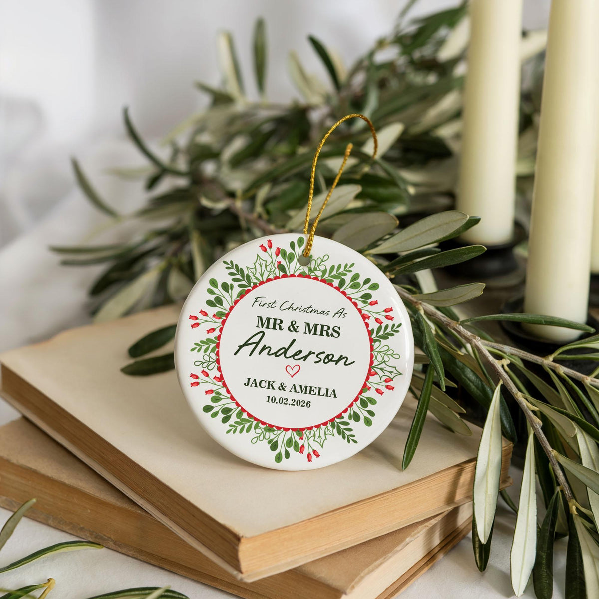 Personalized Botanical Wreath Married Holiday Ornament