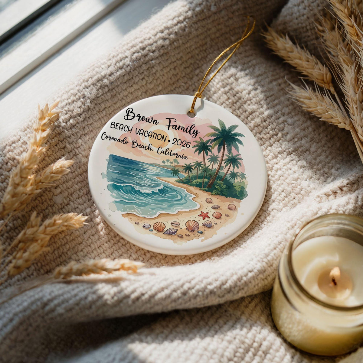 Personalized Beach Vacation Ceramic Keepsake, Custom Family Name and Location Travel Ornament