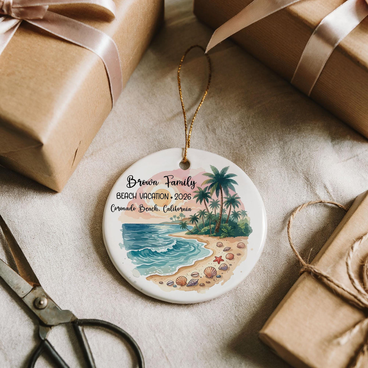 Personalized Beach Vacation Ceramic Keepsake, Custom Family Name and Location Travel Ornament
