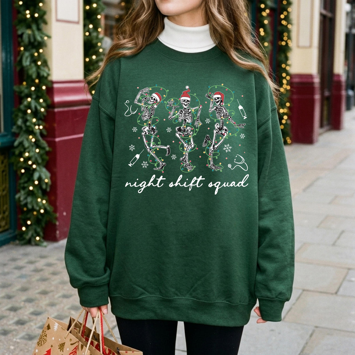 Christmas Skeleton Nurse Hoodie, Night Shift Nurse Squad Sweatshirt, Holiday Nursing Gift Shirt