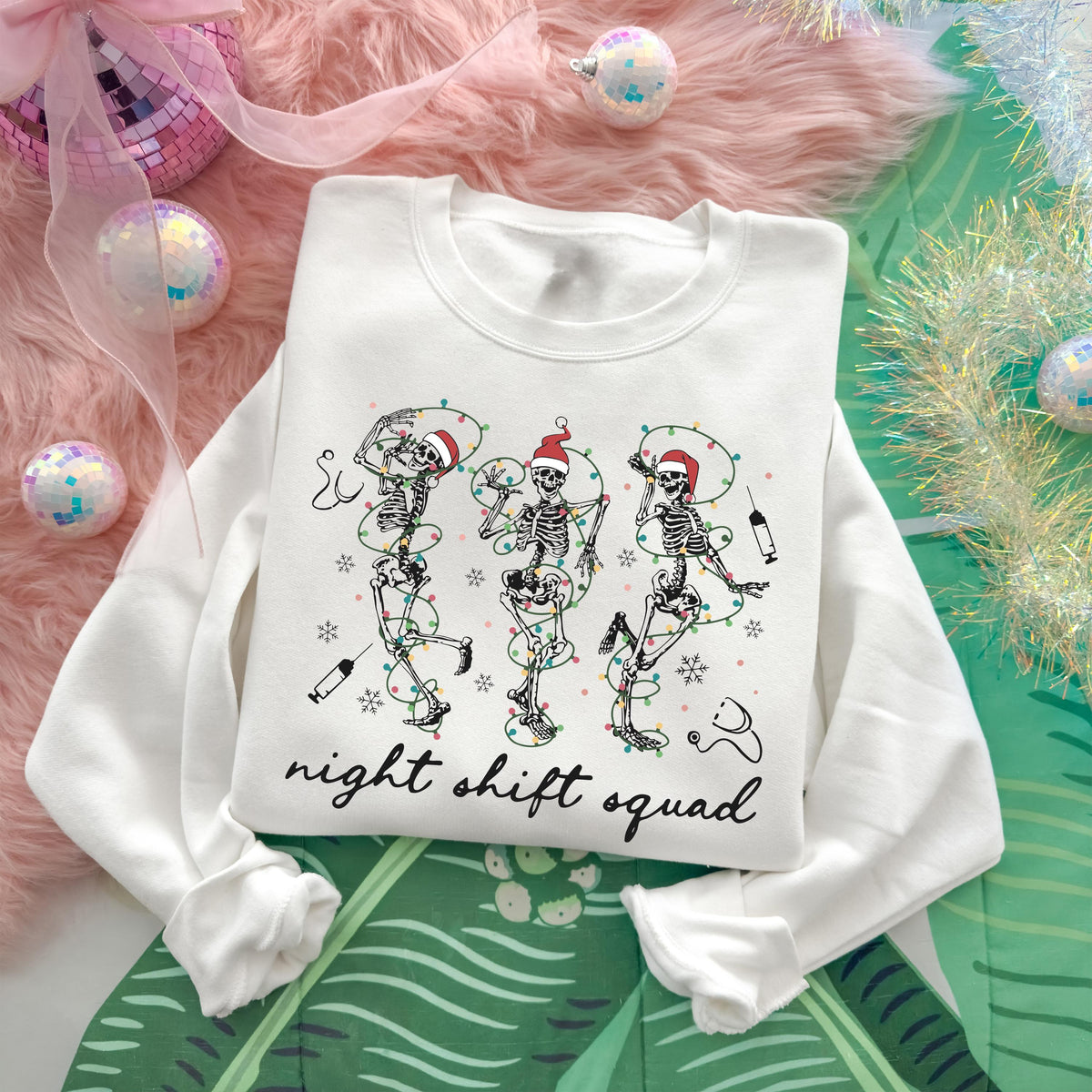 Christmas Skeleton Nurse Hoodie, Night Shift Nurse Squad Sweatshirt, Holiday Nursing Gift Shirt