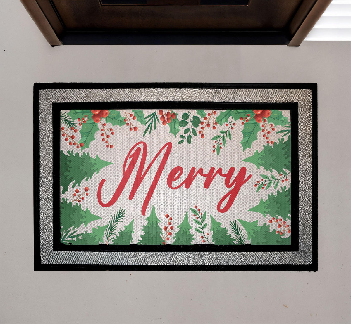 Merry Christmas Doormat, Festive Pine Berries Welcome Mat, Holiday Porch Decor