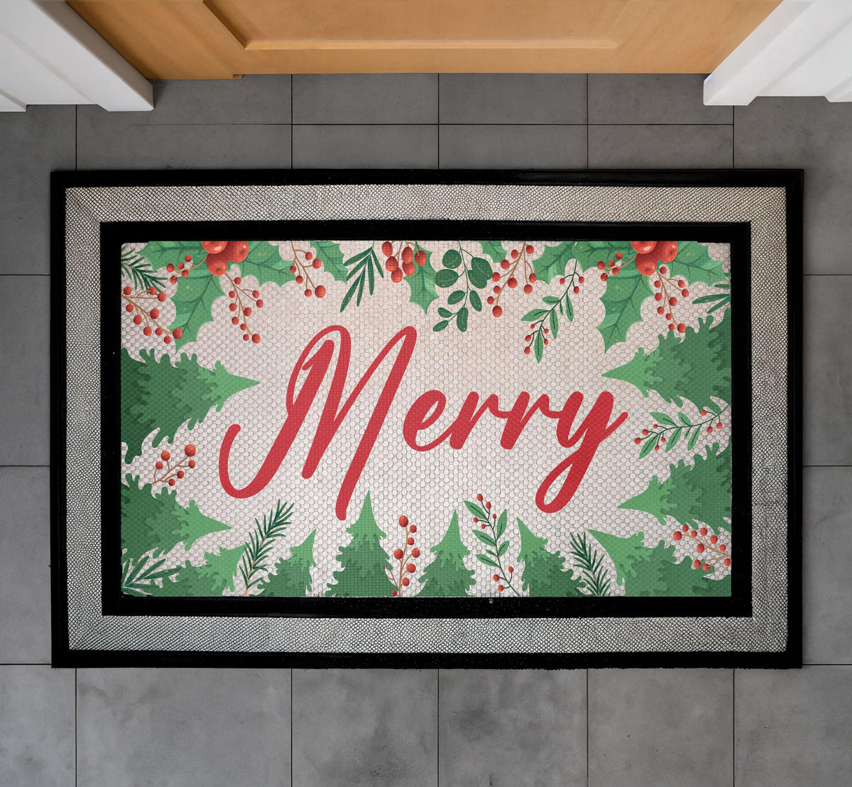 Merry Christmas Doormat, Festive Pine Berries Welcome Mat, Holiday Porch Decor