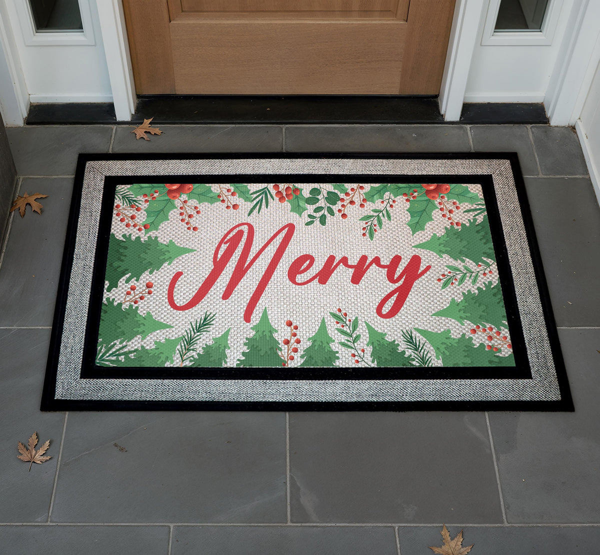 Merry Christmas Doormat, Festive Pine Berries Welcome Mat, Holiday Porch Decor