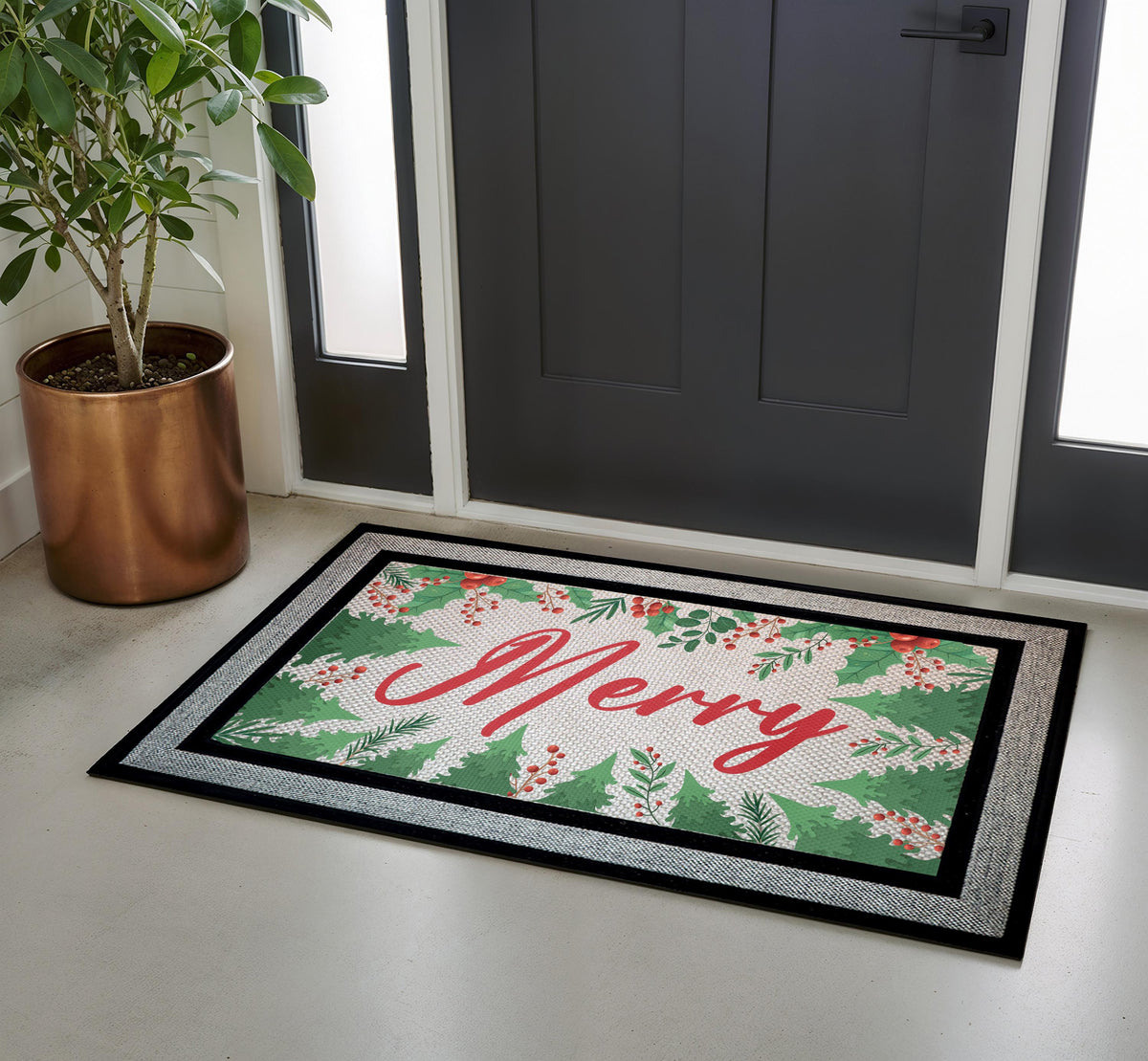 Merry Christmas Doormat, Festive Pine Berries Welcome Mat, Holiday Porch Decor