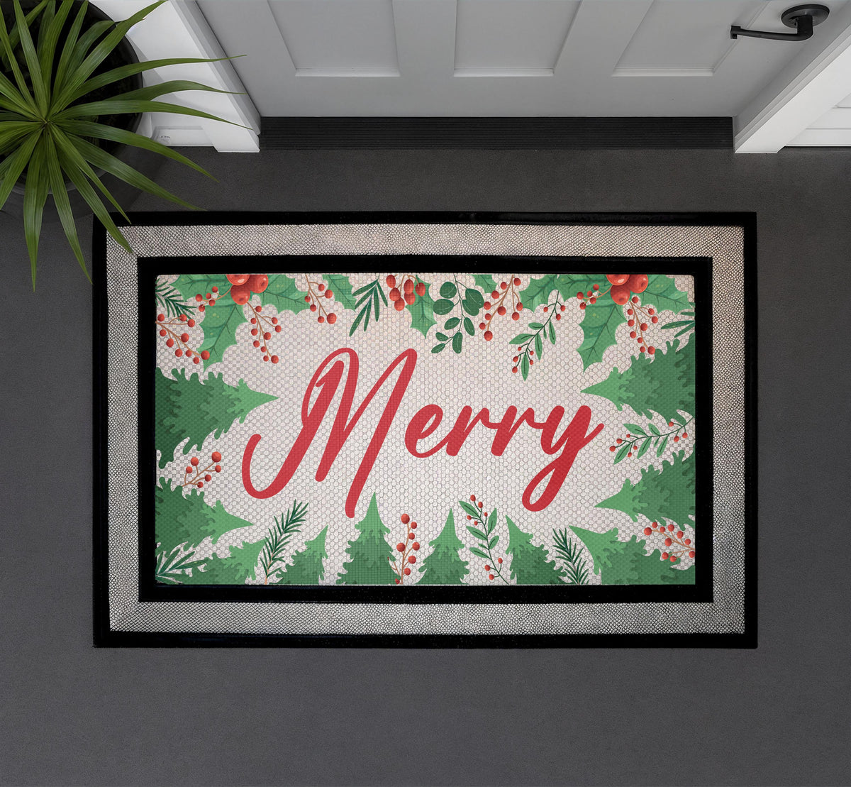 Merry Christmas Doormat, Festive Pine Berries Welcome Mat, Holiday Porch Decor