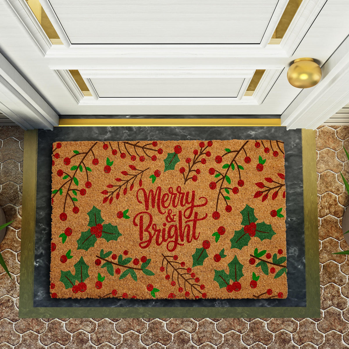 Christmas Holly Leaves Pattern Doormat, Merry and Bright Holiday Welcome Mat