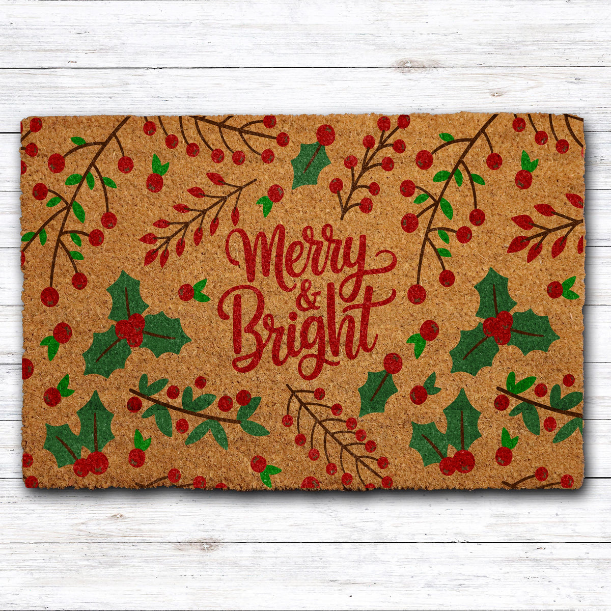 Christmas Holly Leaves Pattern Doormat, Merry and Bright Holiday Welcome Mat