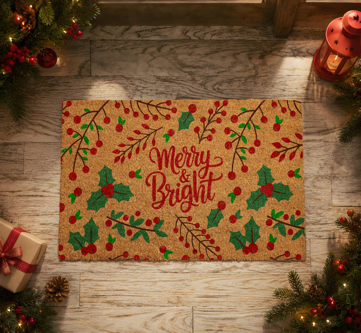 Christmas Holly Leaves Pattern Doormat, Merry and Bright Holiday Welcome Mat