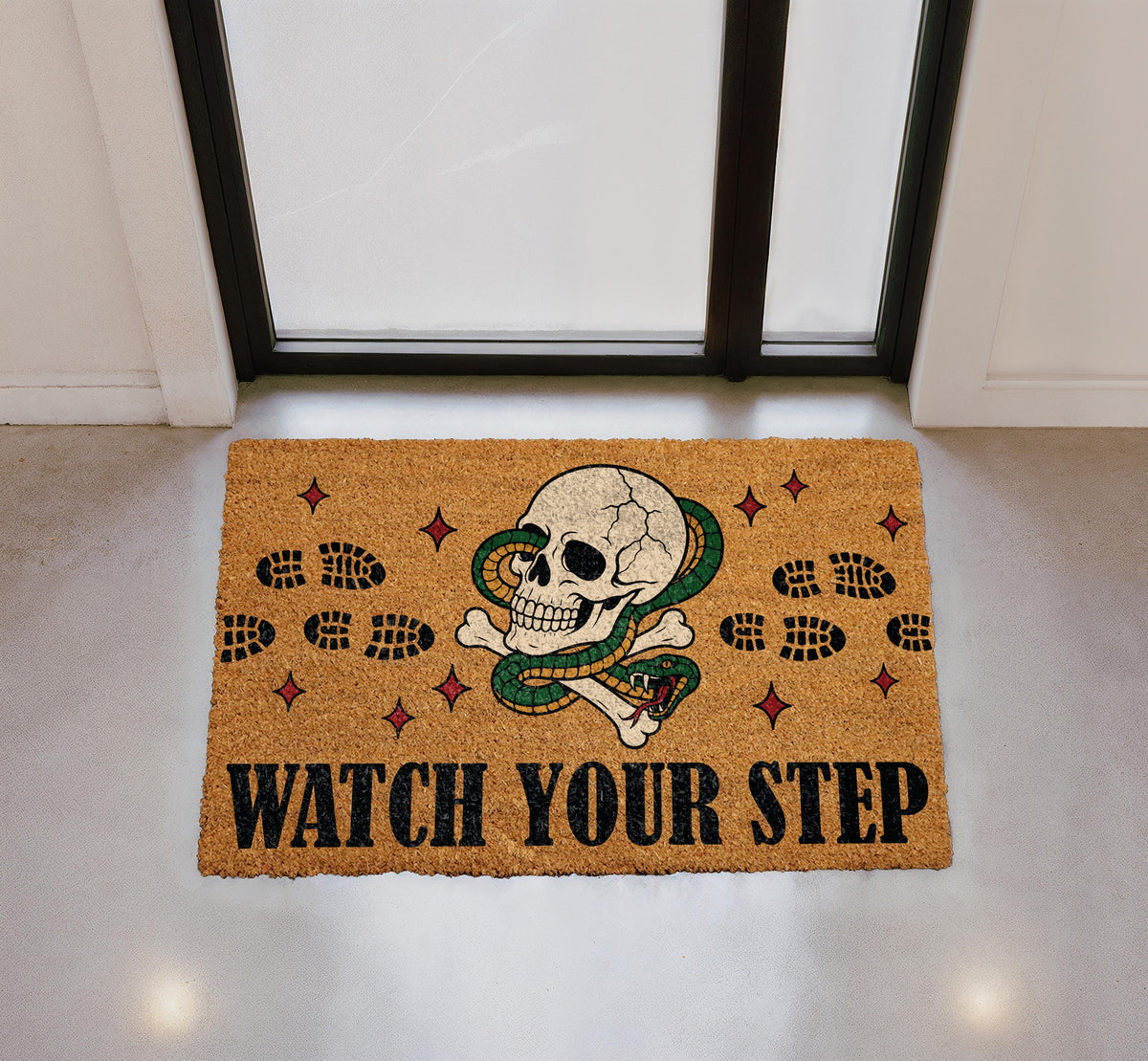 Watch Your Step Skull Snake Doormat, Gothic Halloween Welcome Mat (Coir)
