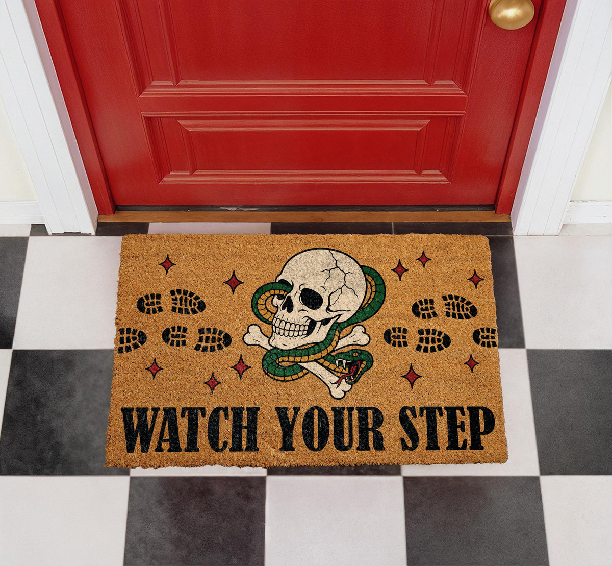 Watch Your Step Skull Snake Doormat, Gothic Halloween Welcome Mat (Coir)
