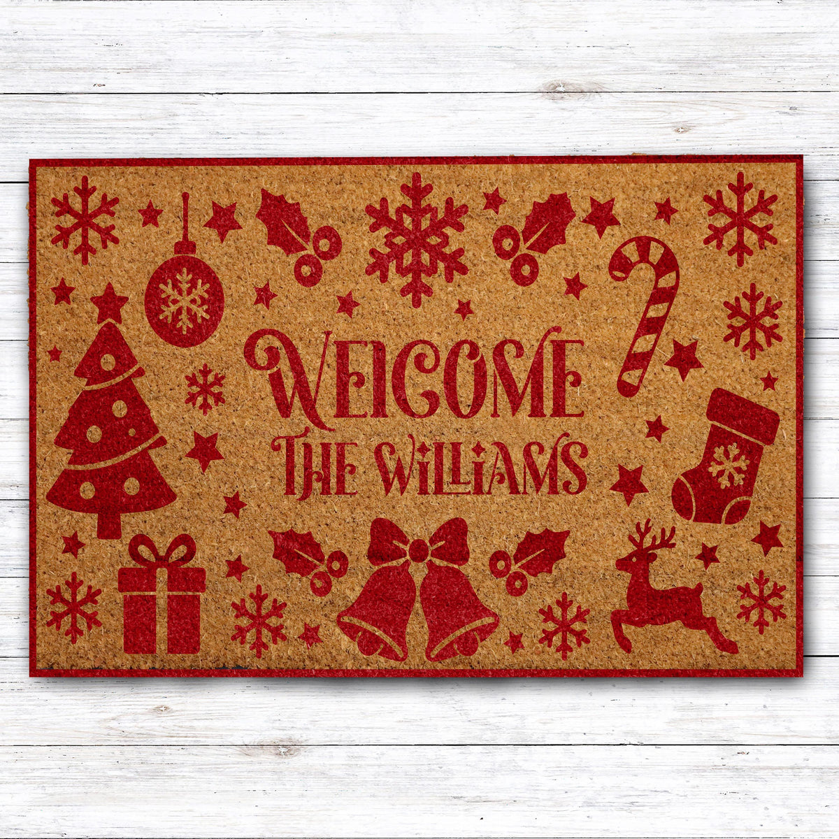 Custom Family Name Holiday Icons Doormat, Personalized Christmas Welcome Mat