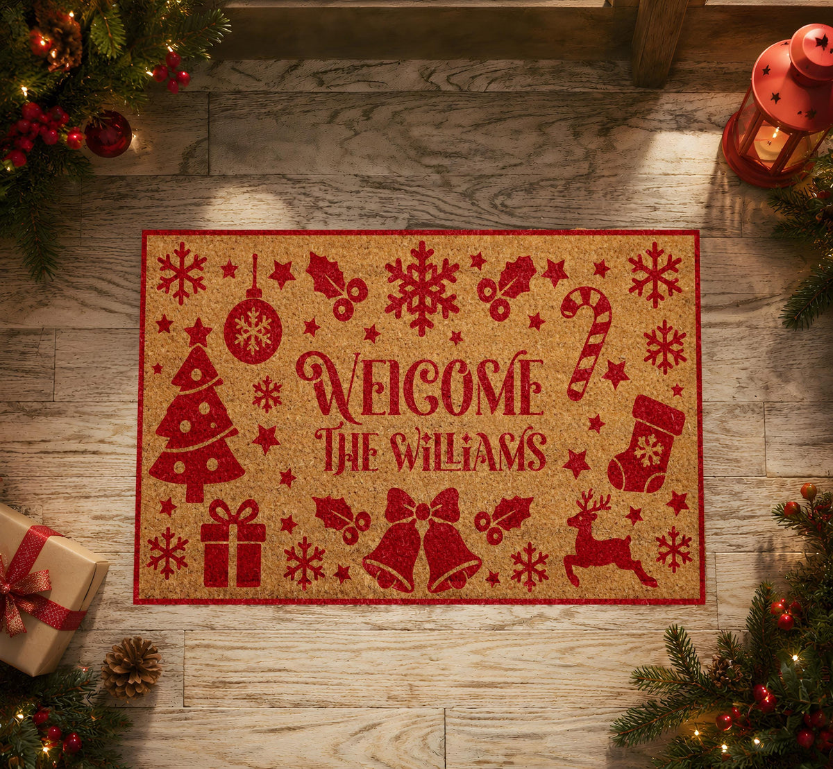 Custom Family Name Holiday Icons Doormat, Personalized Christmas Welcome Mat