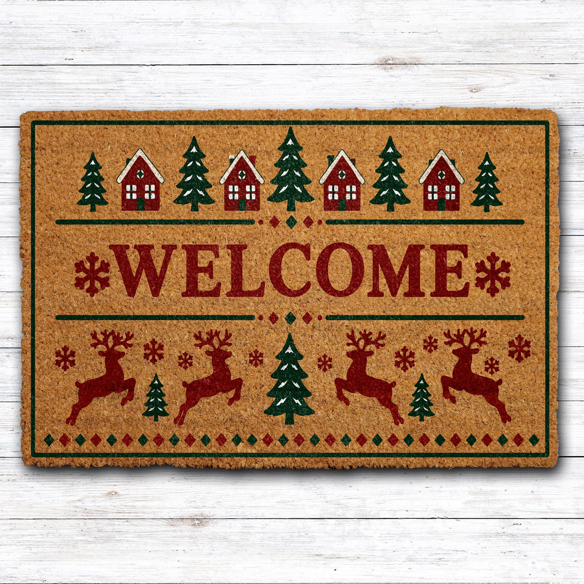 Holiday Village & Reindeer Pattern Welcome Mat, Rustic Winter Porch Doormat