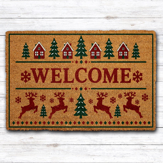 Holiday Village & Reindeer Pattern Welcome Mat, Rustic Winter Porch Doormat