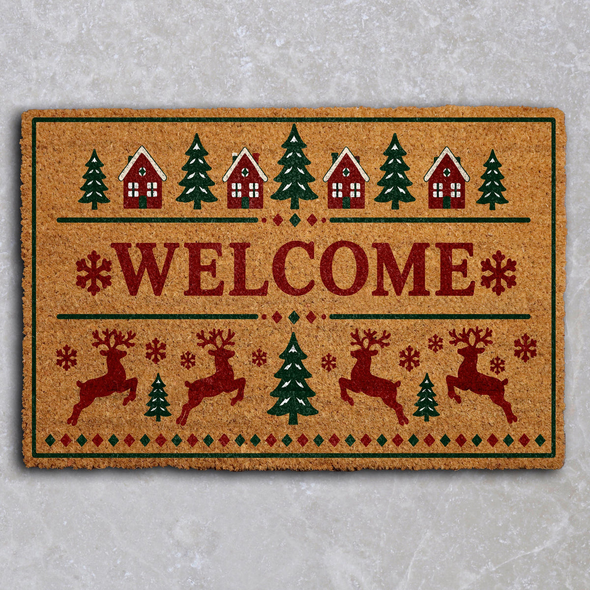 Holiday Village & Reindeer Pattern Welcome Mat, Rustic Winter Porch Doormat