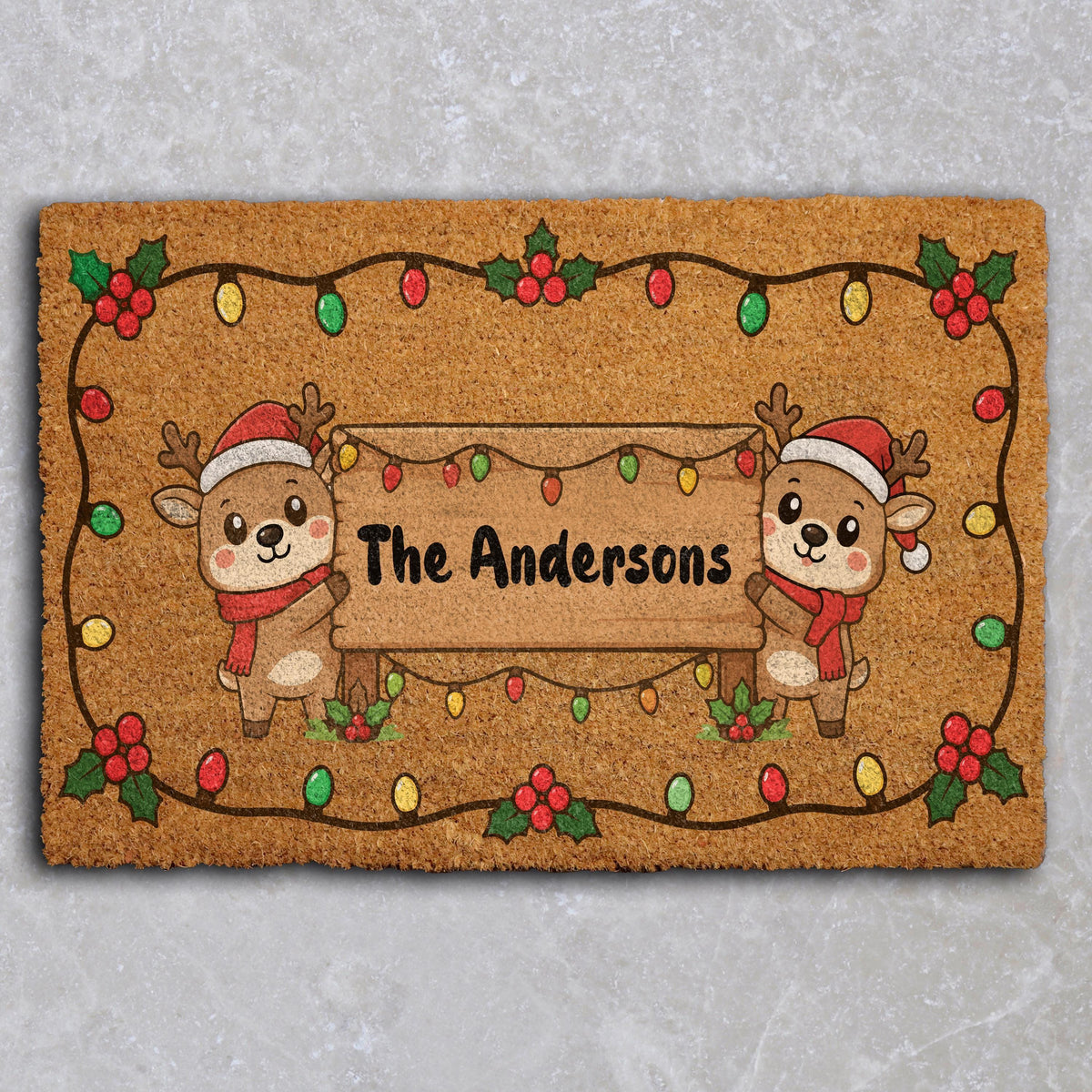 Personalized Last Name Christmas Doormat, Custom Festive Doormat with Cute Reindeers