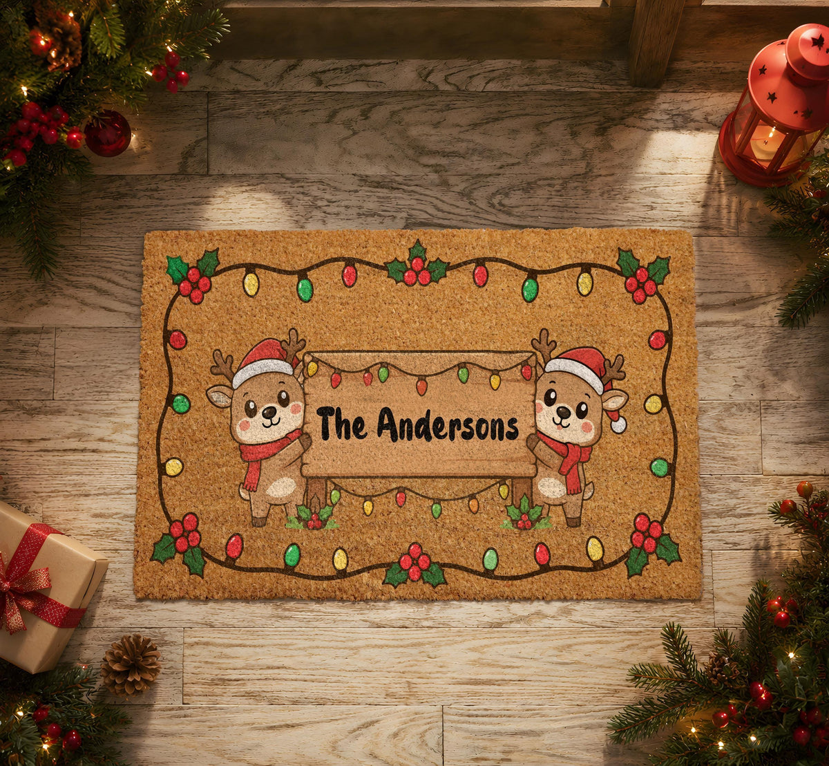 Personalized Last Name Christmas Doormat, Custom Festive Doormat with Cute Reindeers