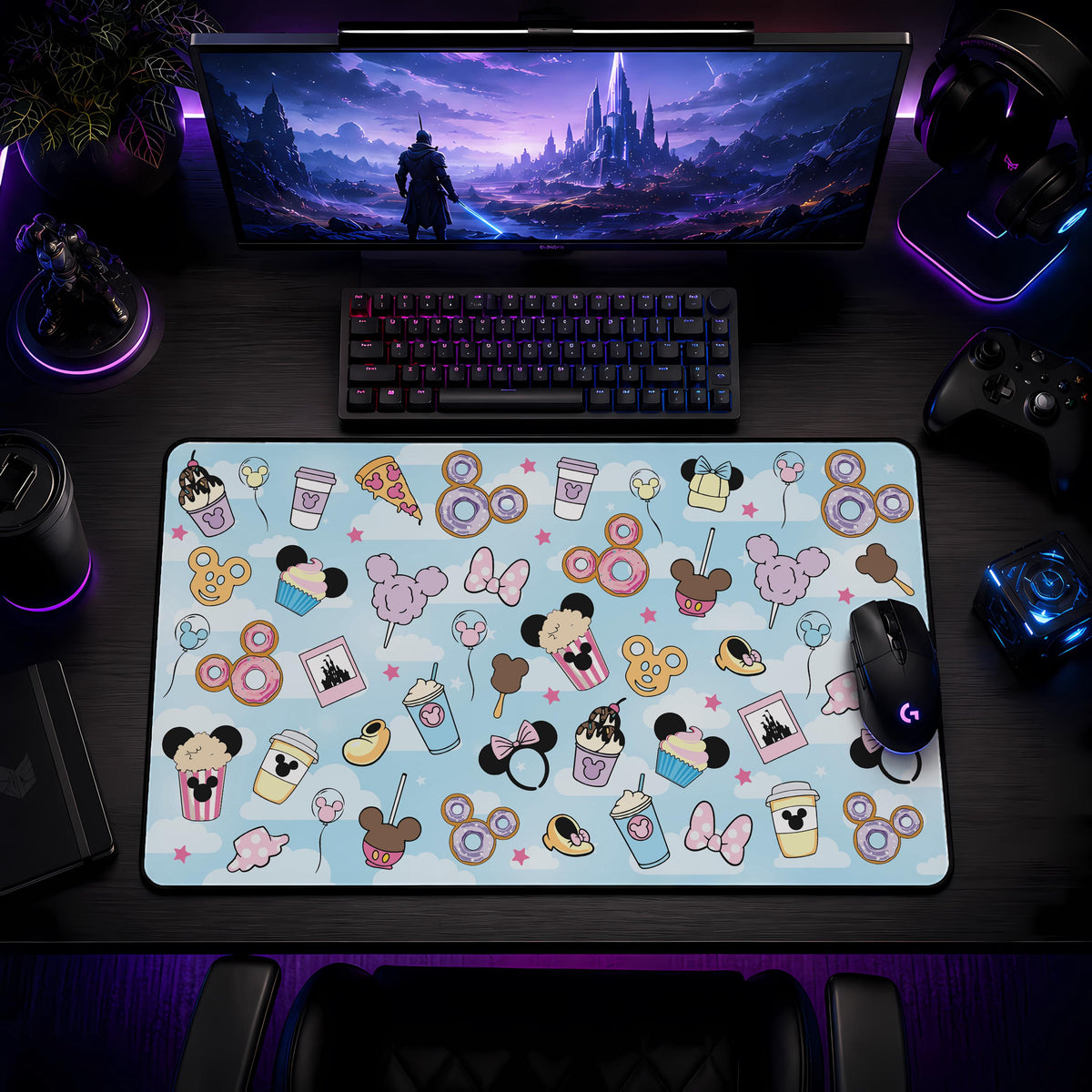 Magical Snacks Desk Mat, Cute Theme Park Treats Mouse Pad, Kawaii Pastel Gaming Desk Pad, Mouse Ear Food Keyboard Mat, Office Decor