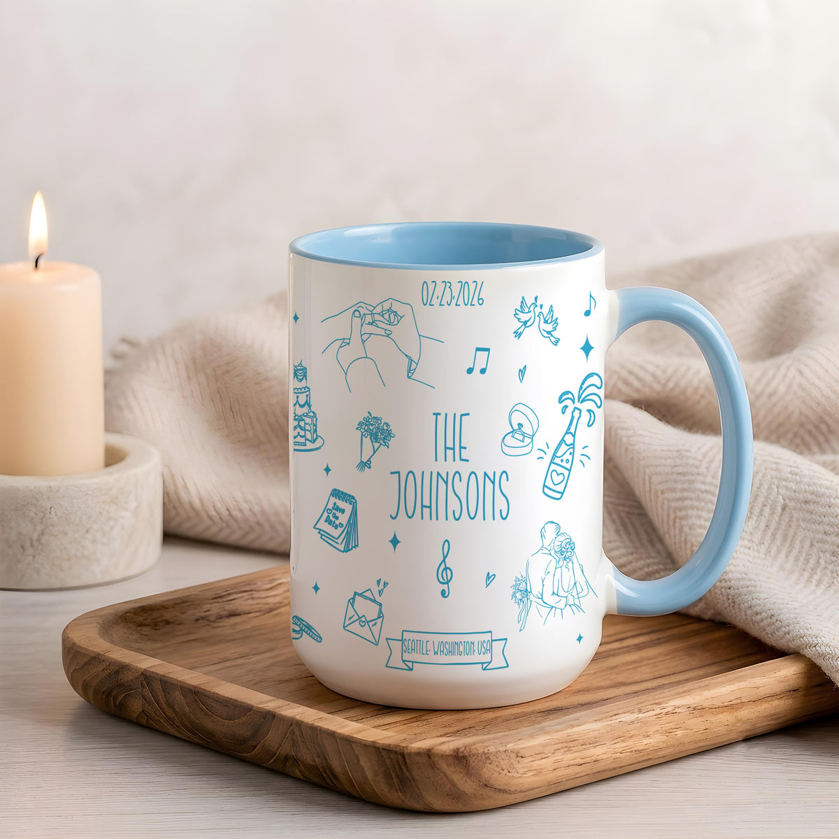 Custom Doodle Wedding Mug Set, Personalized Couple Coffee Cups (11oz or 15oz)