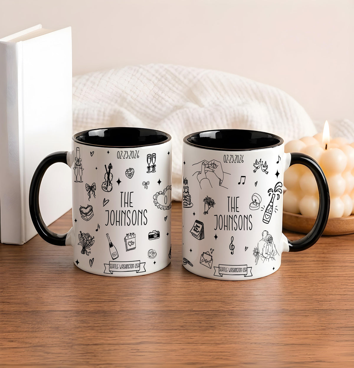 Custom Doodle Wedding Mug Set, Personalized Couple Coffee Cups (11oz or 15oz)