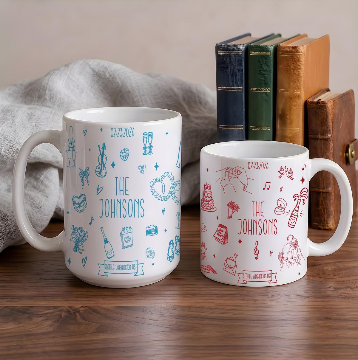 Custom Doodle Wedding Mug Set, Personalized Couple Coffee Cups (11oz or 15oz)