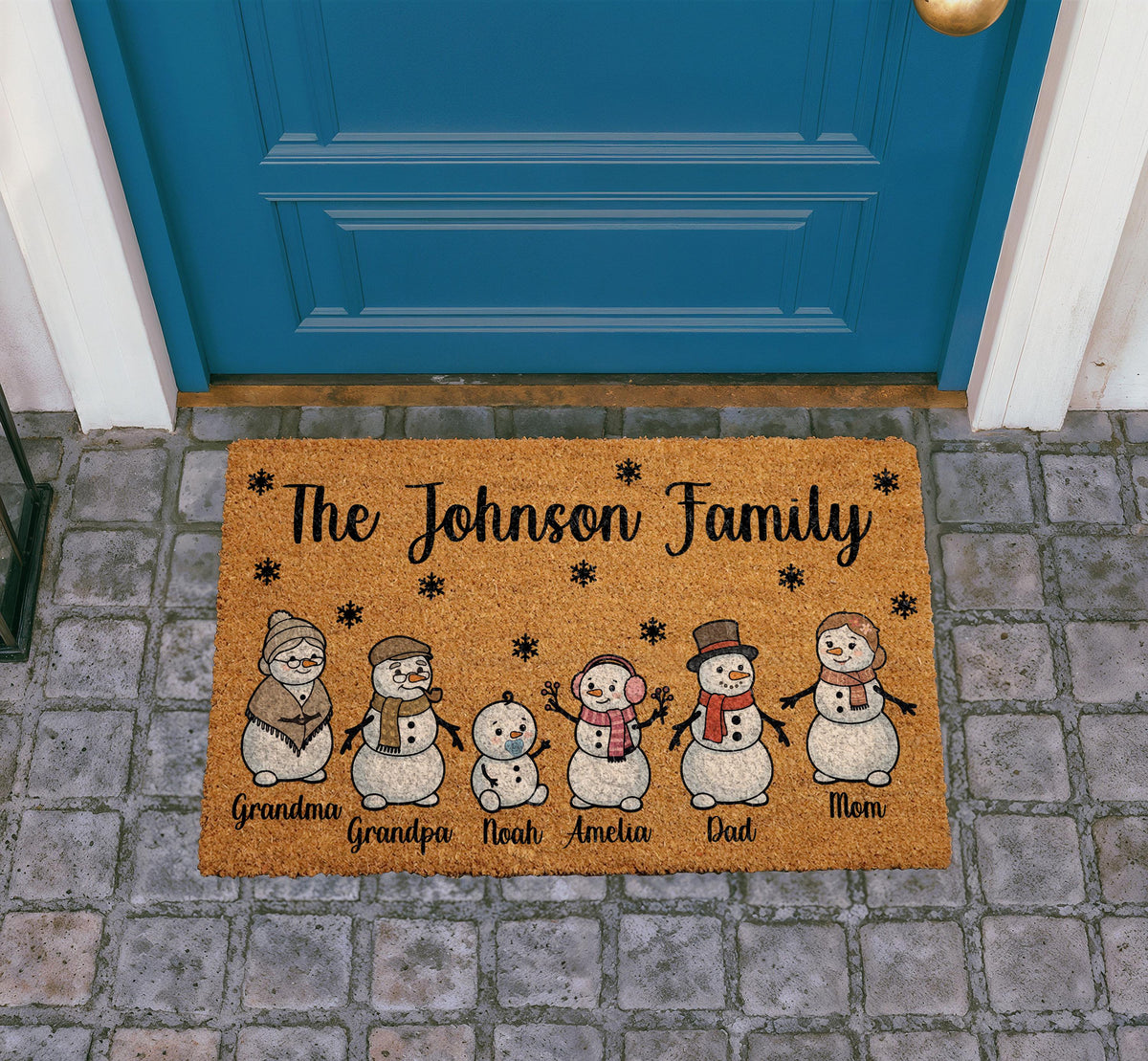 Personalized Snowman Family Doormat, Custom Name Christmas Welcome Mat (Coir)