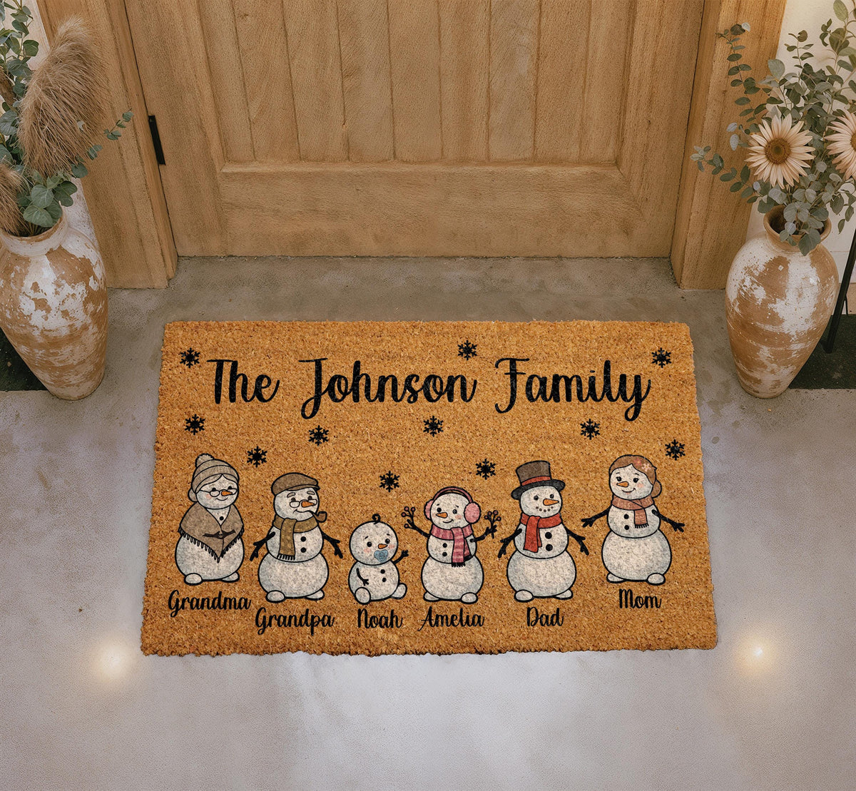 Personalized Snowman Family Doormat, Custom Name Christmas Welcome Mat (Coir)