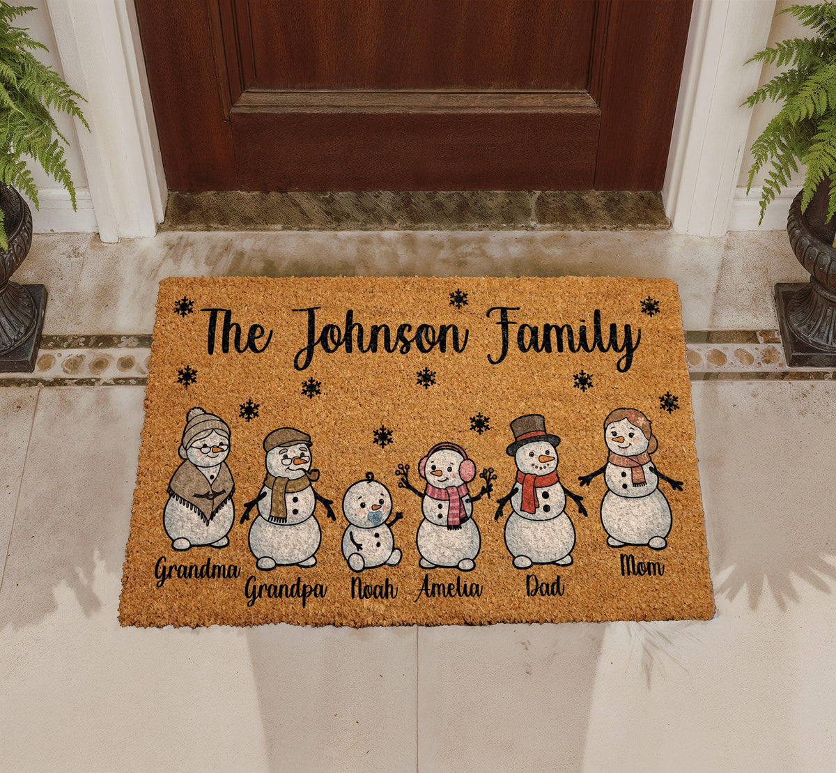 Personalized Snowman Family Doormat, Custom Name Christmas Welcome Mat (Coir)