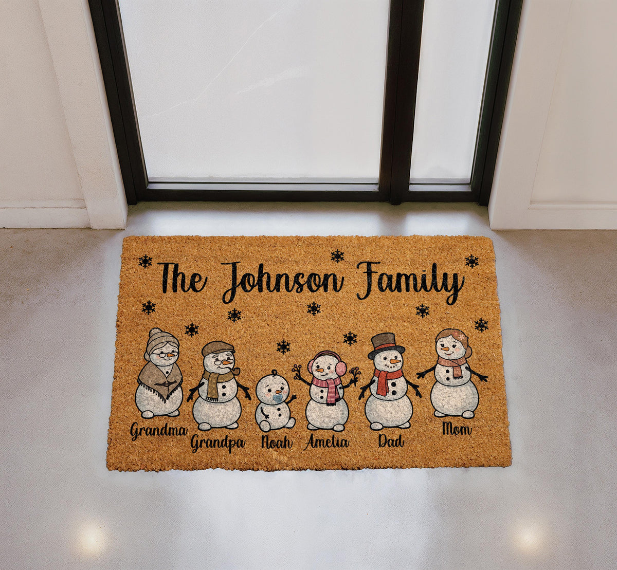 Personalized Snowman Family Doormat, Custom Name Christmas Welcome Mat (Coir)