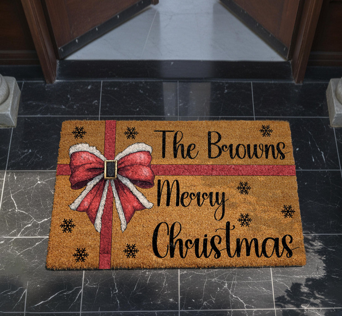 Custom Family Name Merry Christmas Welcome Mat, Santa Porch Decor, Holiday Housewarming Gift