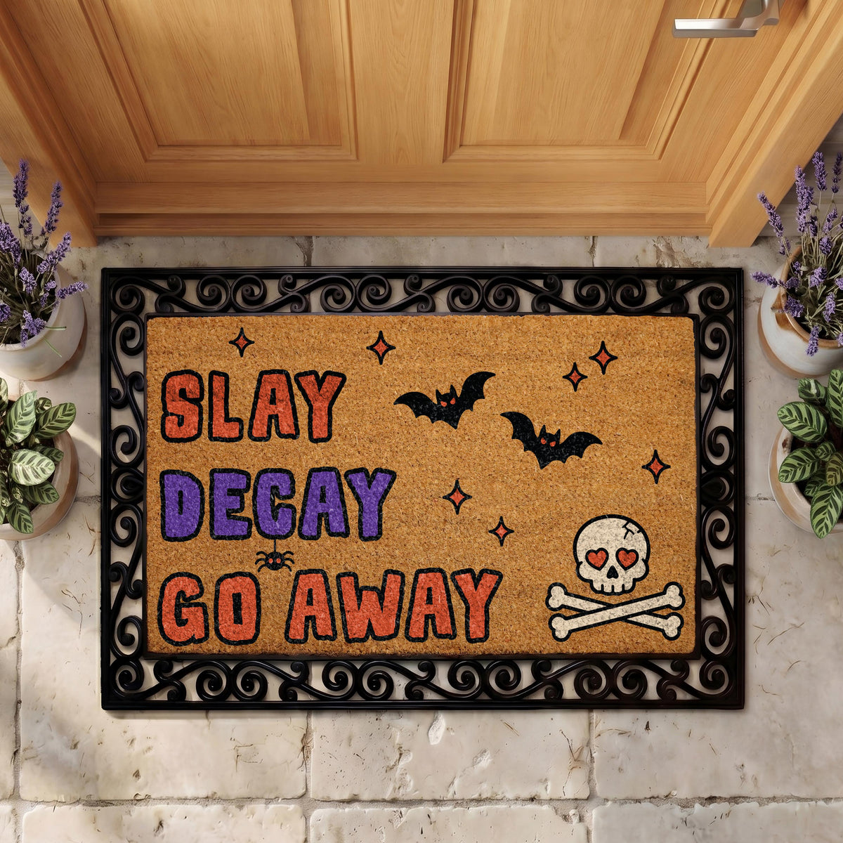 Slay Decay Go Away Halloween Doormat, Spooky Skull Bat Porch Decor